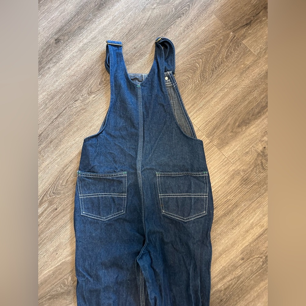Liberty Bib Overalls Youth 16 Regular Blue Denim Adjustable Straps Green Trim - Picture 14 of 15